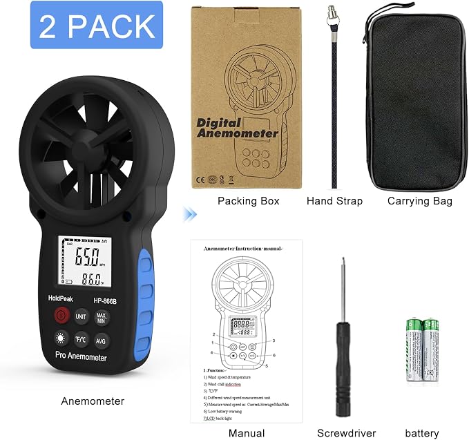 [2 PCS] HoldPeak 866B Handheld Anemometer, Digital Wind Speed Gauge Meter, Air Flow Velocity Temperature CFM Measuring Device for HVAC Outdoor Sailing Shooting Golf