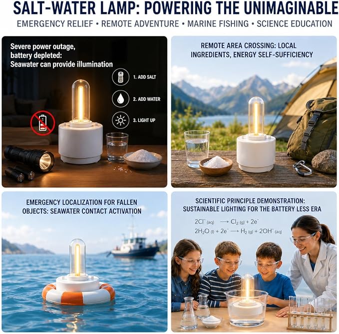 Safe Candle Lantern Alternative, Salt Water Powered Emergency Light, No Flame Camping Lantern, Battery-Free Survival Lamp for Indoor & Outdoor Use