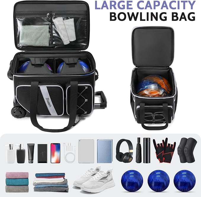 BOSSTIN 3 Ball Bowling Bag with Wheels, 2 Ball Bowling Bags Double roller with 1 Ball Add On Bag, Multi-Pockets & Shoe Compartment (Fits Up to Size 15)