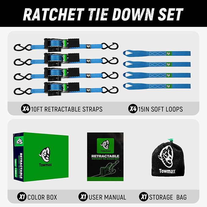 Retractable Ratchet Straps(4 Pack) - 1in x 10ft Self Retracting Ratchet Straps with Soft Loops, 1,500 lbs Break Strength Retractable Tie Down Straps, Easy Retract for Motorcyle, Cargo, Truck, Trailer