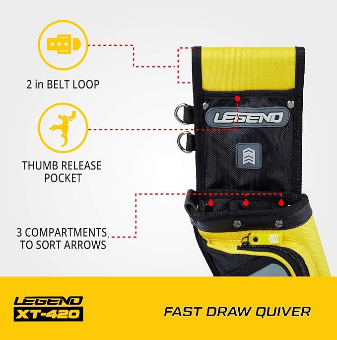Legend XT420 Field Quiver - Left or Right-Handed Quiver Arrow Holder, Archery Quiver with 3 Arrow Tube, Durable Nylon Hip Quivers with Multiple Pockets for Archery Accessories, Score Card & Tools