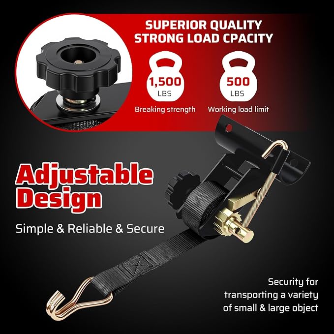 Black Rack Straps with J-Hook (2PK),1.5" x7.5' Ladder Rack Ratchet Straps, 2" Round Tube Mount, Perfect Ladder Rack Tie-Downs for Trailer Cargo Control