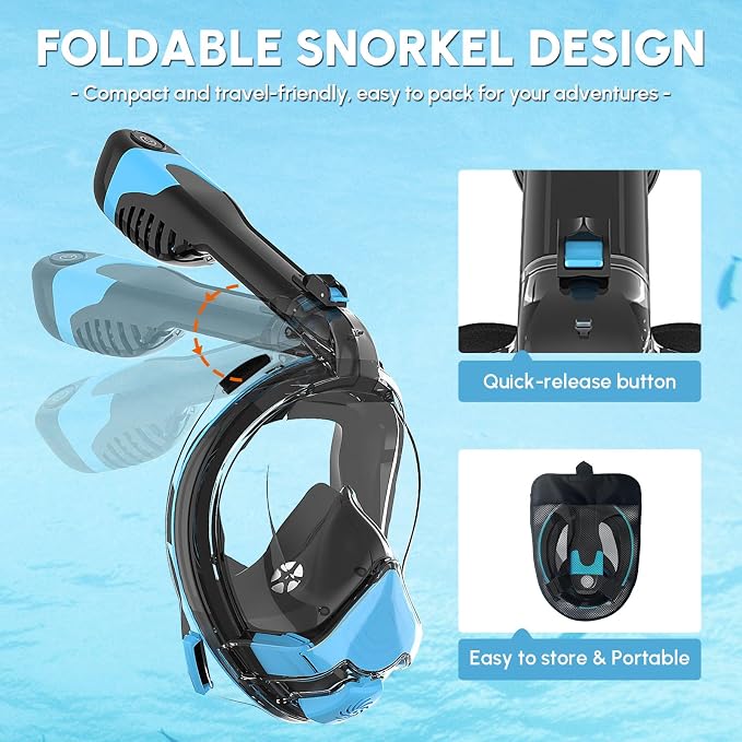 Yosmer Electric Full Face Snorkel Mask for Adults, Fan-Assisted Snorkeling Mask with Dry Top System, 180° Panoramic View, Anti-Fog Design, Foldable Travel Snorkel Gear
