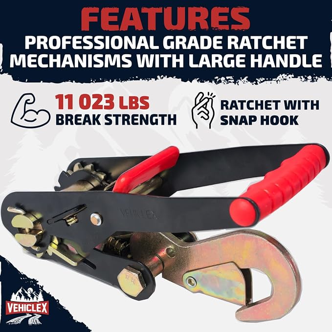 Vehiclex Lasso Wheel Tie Down Straps with Snap Hooks – 4 Pack 2" x 10' Ratchet Straps, 11023 lbs Break Strength for Car Haulers & Trailers