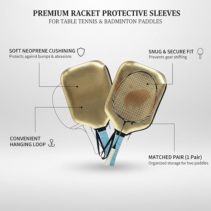2-Pack Neoprene Racket Covers for Table Tennis & Badminton, Protective Storage Sleeves with Hanging Loop, Scratch-Resistant Paddle Cases