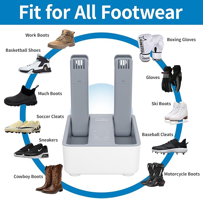 LAVIEAIR Boot Dryer and Deodorizer for Work Boots, Sneakers and Gloves, Portable Shoe Dryer with Retractable Hoses, Timer, and Heat Control.