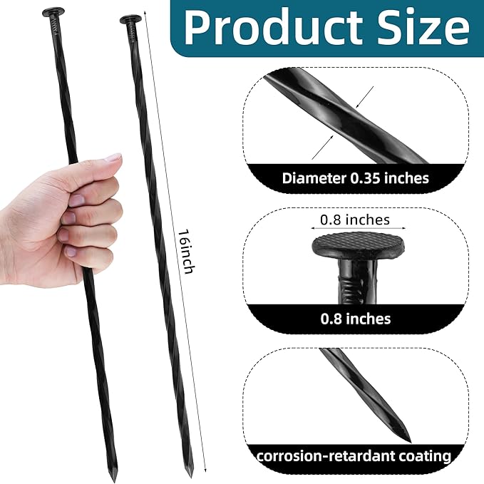 16 Inch Spiral Landscape Stakes, 50 Pack Heavy Duty Metal Ground Anchor Spikes for Paver Edging, Weed Barrier, Camping Tent