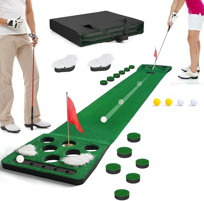 Golf Putting Game Set, Detachable Golf Putting Green Mat with 4 Balls, 2 Cups & Flags, 1 Portable Bag for Indoor & Outdoor Party Game Use