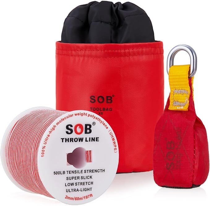 SOB Arborist Throw Line Kit with Slick Rope 197FT, Throw Weight, Reflective Storage Bag, Suit for Tree Cutting,Camping, Trimming, Hanging Swing ﻿