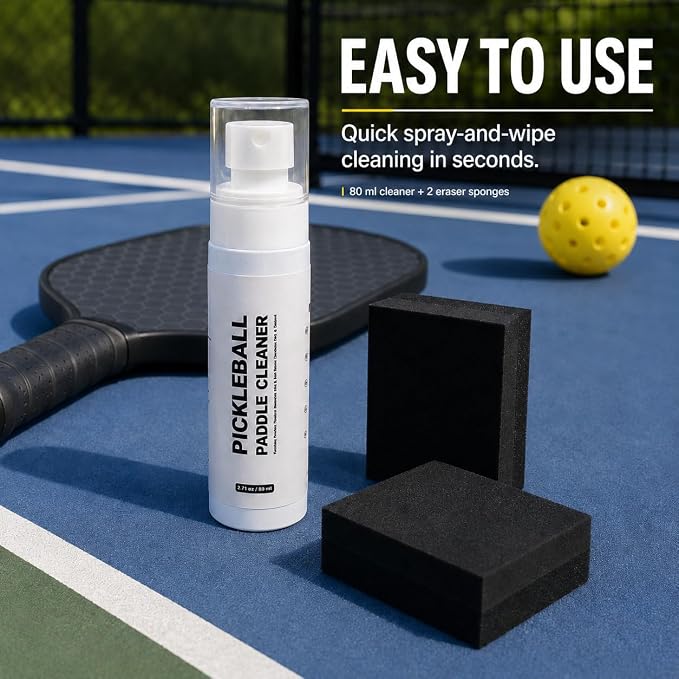 Pickleball Paddle Cleaner Spray Kit, 2.71 oz Cleaning Solution with 2 No-Shed Sponge Pads, Removes Ball Marks, Dirt & Grip Buildup for Carbon Fiber, Fiberglass & Composite Paddles