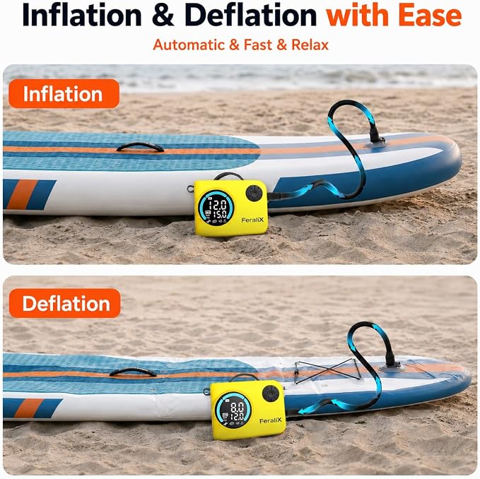 Electric Paddle Board Pump, 20 PSI Rechargeable SUP Air Compressor with Auto Shut-Off, Dual Stage Inflation & Deflation for Paddleboards, Kayaks, Boats
