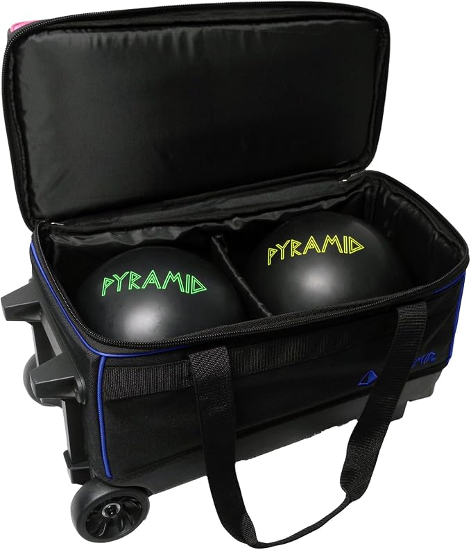 Pyramid Prime Double Roller 2 Ball Bowling Bag with Large Separate Compartment for Bowling Shoes (Up To US Mens Size 16) or Accessories, Locking Handle - Extends to 40"