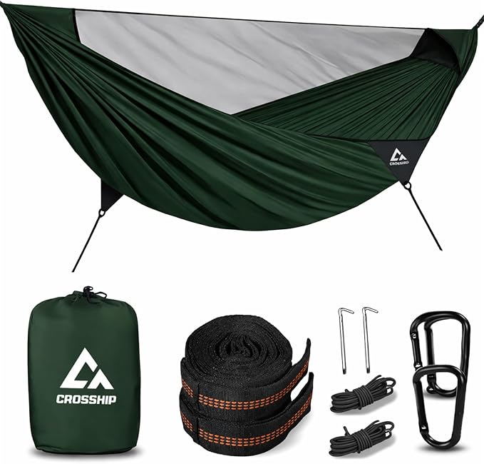 Camping Hammock with Mosquito Net, 2 Person Hammock Bug Net, Portable, Parachute Nylon for Outdoor, Camping, Hiking, Backpacking, Backyard, Beach, Travel (Hold Up to 500lbs) (Forest Green)