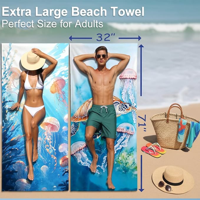2 Pcs Microfiber Beach Towel Sand Free Quick Dry Oversized Lightweight Absorbent Jellyfish Underwater Life Pattern Blue Pink Orange Pool Towels for Adults Travel Swim 71 x 32 Inches