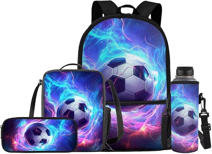 Soccer Kids School Bag for Boys Backpack and Lunch Bag Pencil Case Pouch, Childrens Backpack for Girls Bookbag School Daypack for Travel Picnic Hiking Back to School Supplies