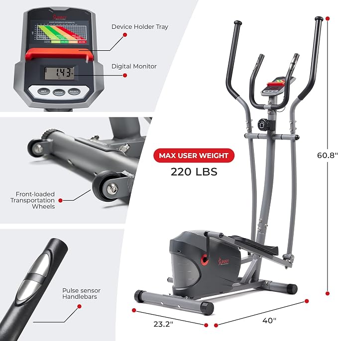 Sunny Health & Fitness Upright Elliptical Machine, Full Body Cardio Exercise Equipment with Adjustable Resistance, Arm and Leg Workout Machine, SunnyFit App via Bluetooth