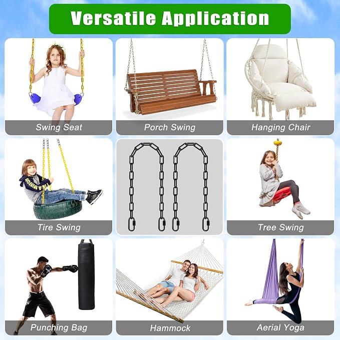 SELEWARE 2 Pack 100 Inch Hanging Swing Chain with 4 Carabiners, 1000LB Capacity Plastic Coated Hanging Chains, Hammock Hardware Kit for Swing, Hanging Chair, Punching Bags, Indoor Outdoor Gym (Black)