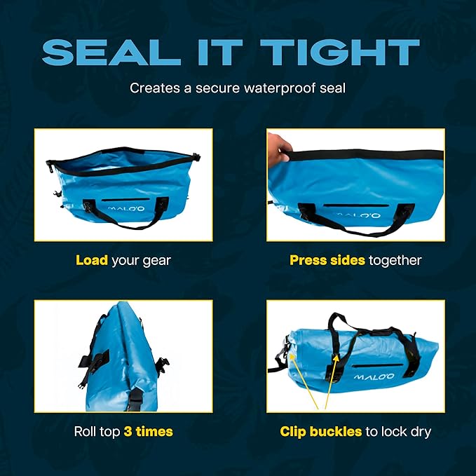 Malo’o Waterproof Dry Duffel, Heavy-Duty Roll Top Waterproof Gear Bag with Shoulder Strap & Molle Loops, Marine Duffel for Kayaking, Boating, Camping, Beach & Travel, Blue, 40L