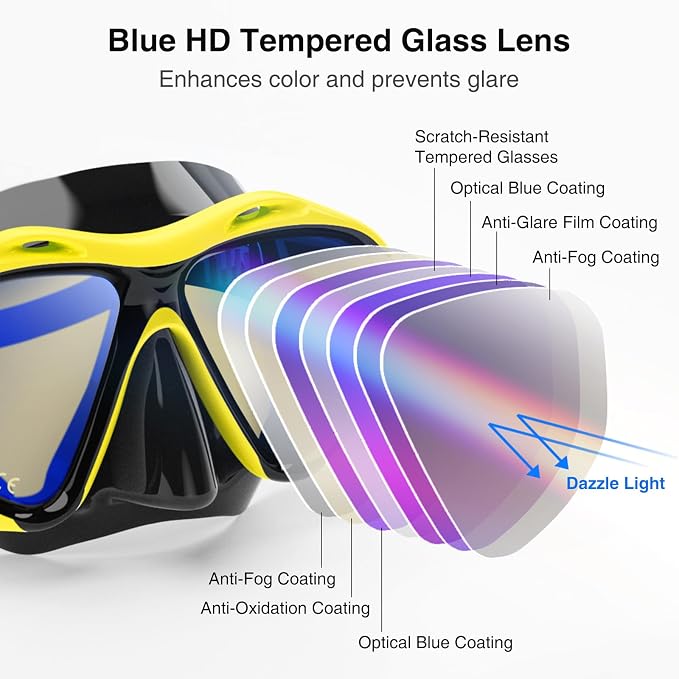 Snorkeling Gear for Adults, Snorkel Mask With Mirrored Tempered Glass Lens 180° Wide View Anti-Fog Scuba Diving Mask, Professional Snorkel Set for Swimming Diving, Gifts for Women Mom Men Dad