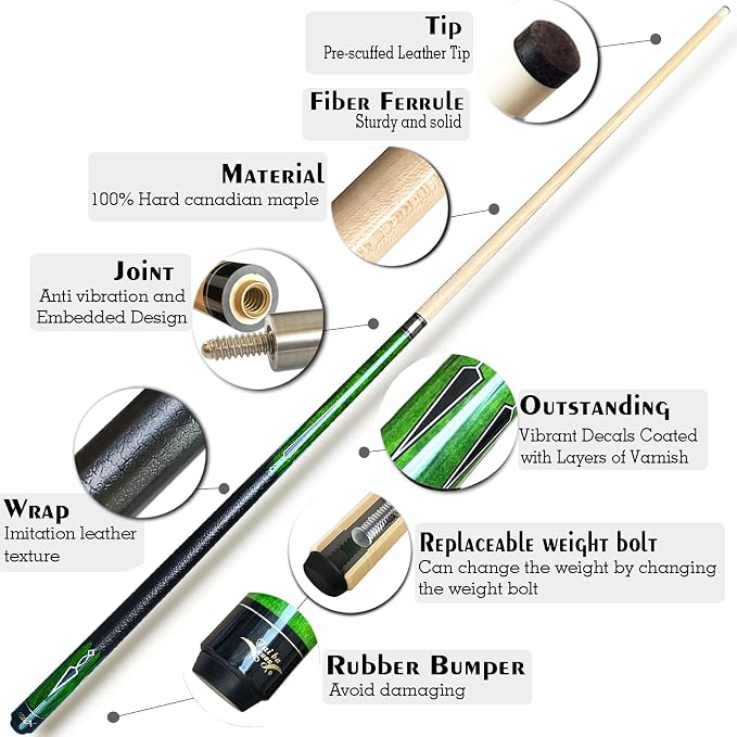 Tai ba cues Pool Cue Stick, 13mm Tip, 58", Hardwood Canadian Maple Professional Billiard Stick 19,20,21 Oz (Selectable)-Blue, Red, Green Pool Cue Stick