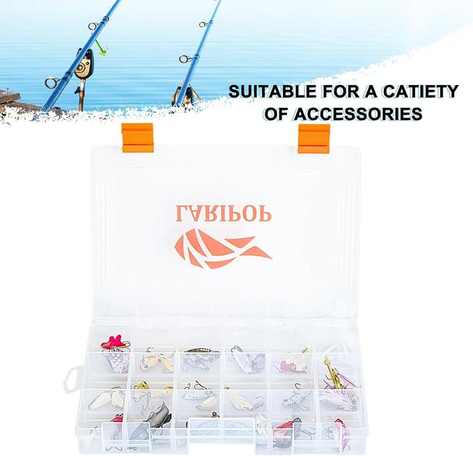 LARIPOP 2-Pack 3600 Fishing Tackle Boxes, Clear Plastic Storage Trays with Adjustable Dividers, Organizer for Lures, Hooks, Sinkers, Jigs & Fishing Accessories