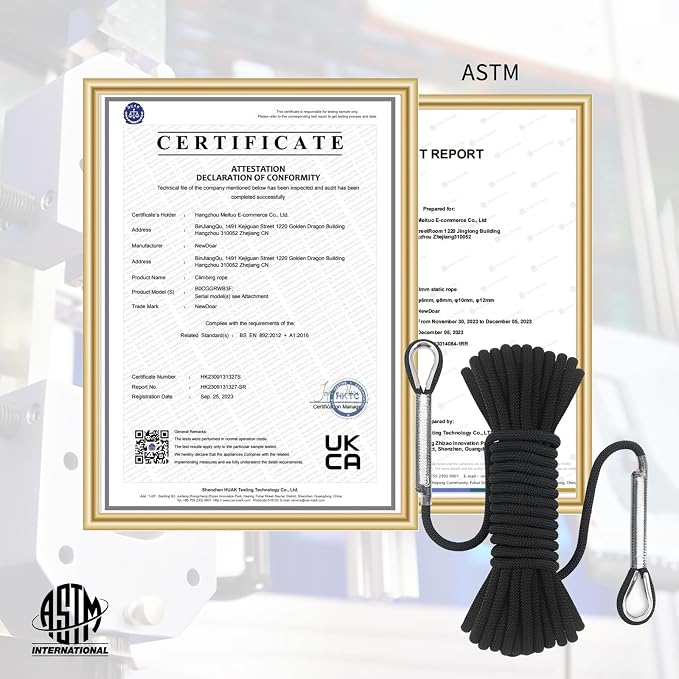 NewDoar 14KN Static Climbing Rope 8mm(5/16in) Accessory Cord Equipment 33FT(10M) 66FT(20M) 98FT(30M) 165FT(50M) Escape Rope with 2 Carabiners for Ice Climbing Equipment Fire Rescue Rope-Black/30M