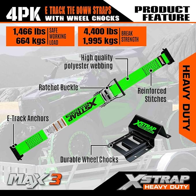 XSTRAP STANDARD Wheel Chock E-Track Tie Down Straps Kit, 4 Pack 2” x 9FT Over-The-Tire Ratchet Straps with Steel Wheel Chocks, 1466 lbs WLL for ATV, UTV, Lawn Mower, Trailer Hauling, Green