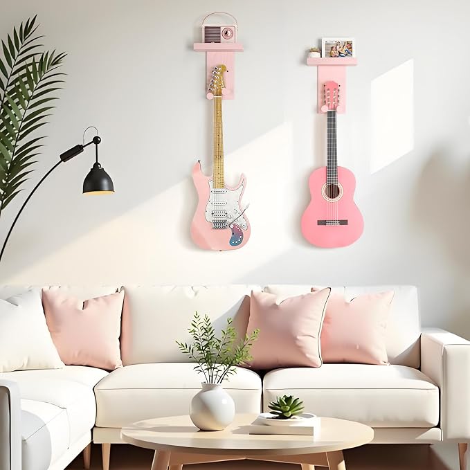 Keebofly 2-Pack Guitar Wall Mount Hanger with Shelf & Pick Holder - Wood Wall Hook for Acoustic, Electric, Bass Guitars, Ukulele (Screw-Mounted, Pink) [Patented]