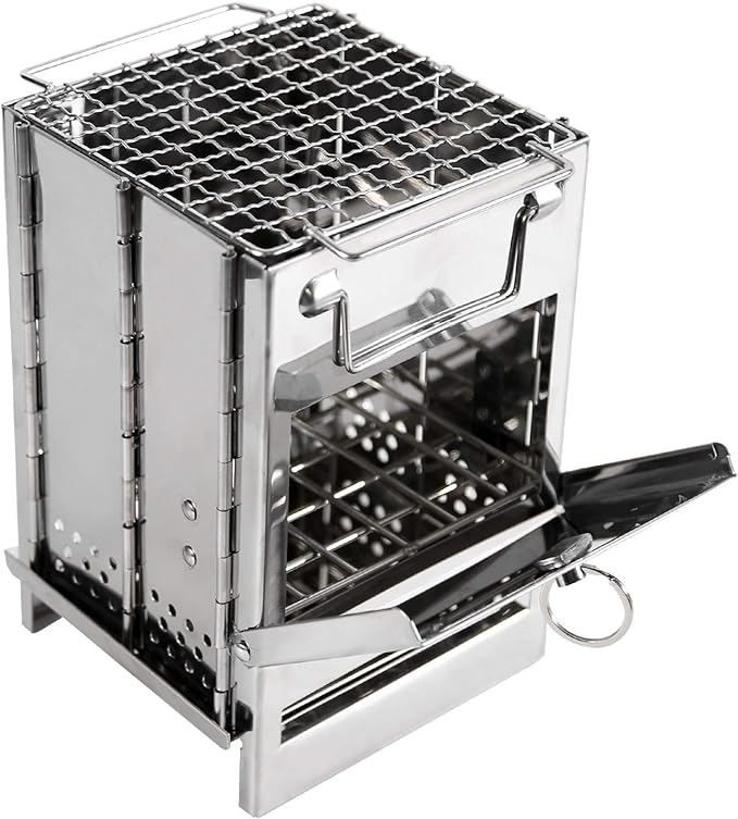 REDCAMP Wood Burning Folding Camp Stove Stainless Steel Grid, Portable Collapsible Backpacking Stove Survival Rocket Stove for Hiking Outdoor Tent Camping Picnic BBQ, Samll