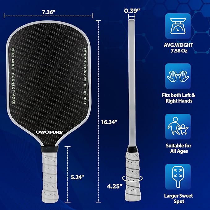 Fiberglass Pickleball Paddles Set of 2, Pickle Ball Racket Lightweight Honeycomb Core Control Paddle, with 4 Indoor Outdoor Balls and Bag for Men Women