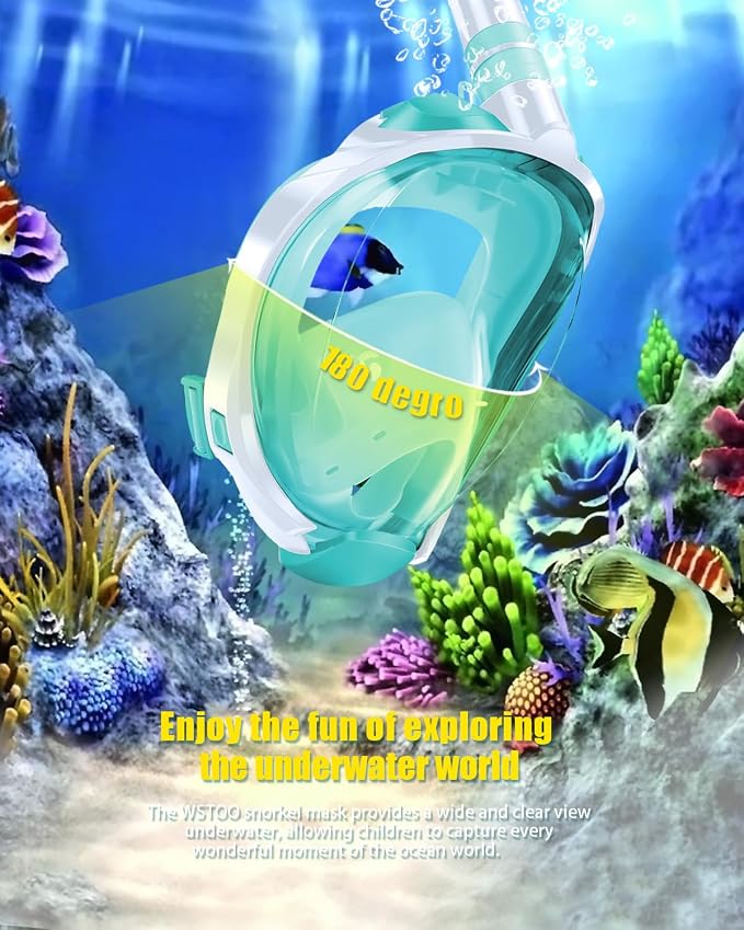 WSTOO Kids Full Face Snorkel Masks,Suitable for Beginners Dry Top Snorkeling Gear,Can Your Mouth or Nose to Breathe,180 Degrees Panoramic View,Anti-Fog Anti-Leak,Summer Travel and Vacationing Gifts