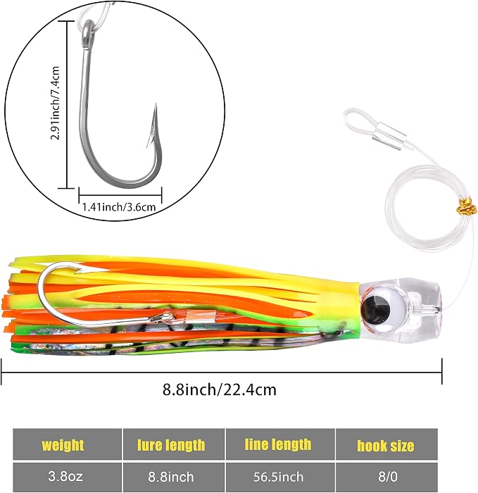 Trolling Lures Saltwater for Tuna Mahi Marlin Wahoo Dolphin Shark Offshore Trolling Baits with Squid Skirt Big Game Fishing Lures Deep Sea Squid Skirts Rig 6/9 inch