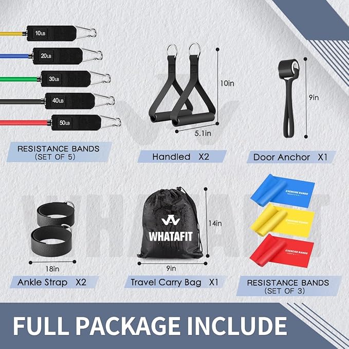 WHATAFIT Resistance Bands, Exercise Bands, Workout Bands with Handles, Door Anchor and Ankle Straps, 5 Resistance Levels Fitness Bands for Strength Training, Physical Therapy, and Home Gym Equipment