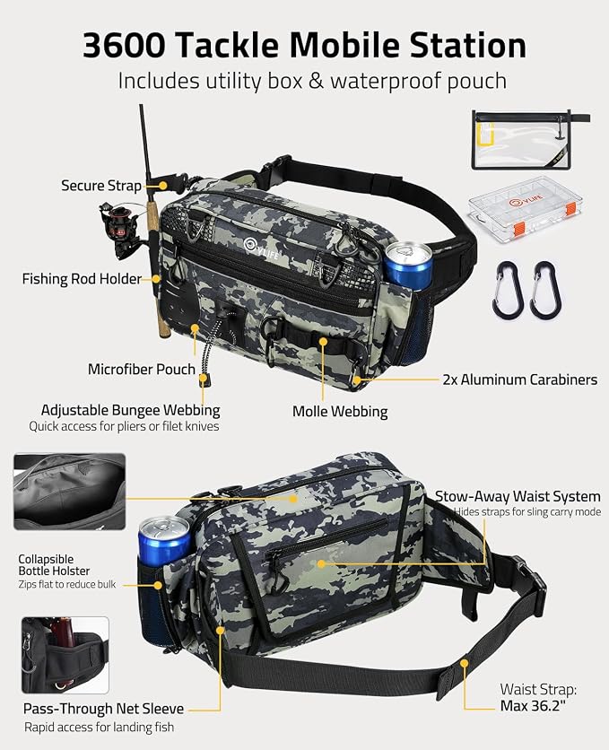 CVLIFE Fishing Tackle Bag Waist Pack with Rod Holder, Waterproof Fanny Pack | 900D Fabric, Convertible Carry, Detachable Shoulder Strap, Landing Net Holster, 3600 Tackle Box, Waterproof Pouch, Carabiners