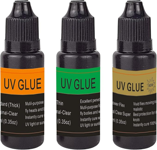 EUPHENG Fly Tying UV Resin Three Formula Thick,Thin and Super Flex Fly Tying Head Cement Fly Tying Glue for Building Flies Heads Bodies and Wings and Gluing Eyes