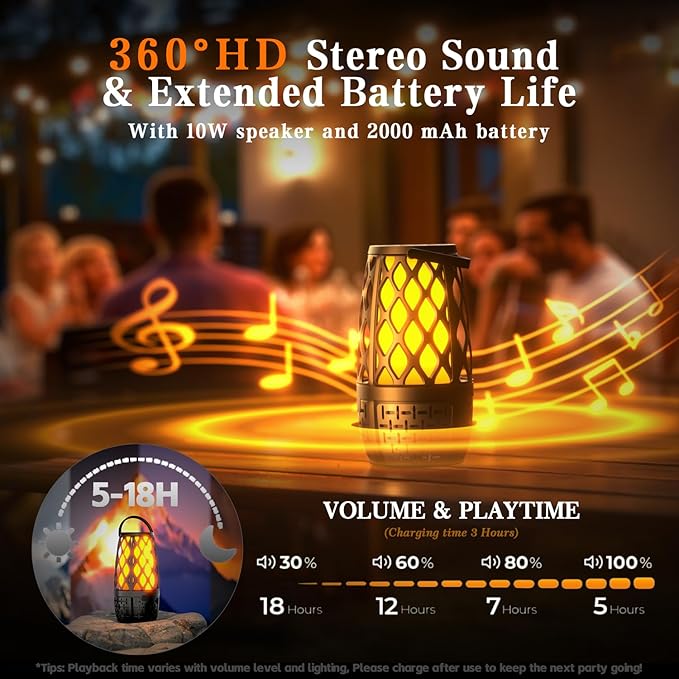 KANAD Outdoor Speakers Bluetooth with Flame Lights, IP65 Waterproof, HD Stereo Sound 100 Speaker Connection Sync - Gifts for Men, Dad
