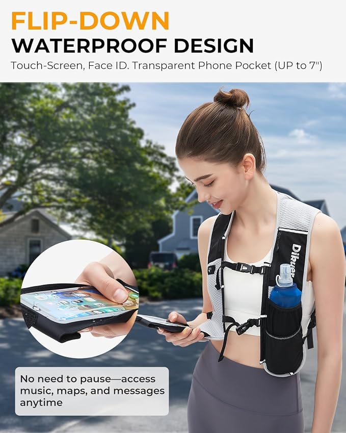 Running Vest for Women Men, Lightweight Hydration Runner Vest with Transparent Waterproof Phone Pocket, 17oz Soft Flask, Adjustable Chest Straps Reflective Backpack for Hiking Cycling Jogging