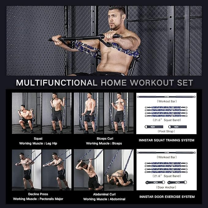INNSTAR Portable Home Gym Set with Workout Bar, Bench Press Set, Squat Resistance Band, Door Anchor and More-Full Body Workout Equipment to Build Muscle and Shape Body