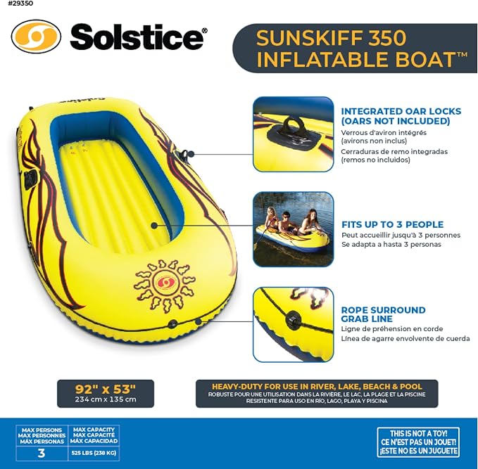 SOLSTICE Inflatable Boat Rafts 3 Person for Adults & Kids Comes W/ Pole Oar Holders Cushioned Comfortable Base Grab Line 8 Ft Size Sunskiff Kits Dinghy Air Floor Yellow