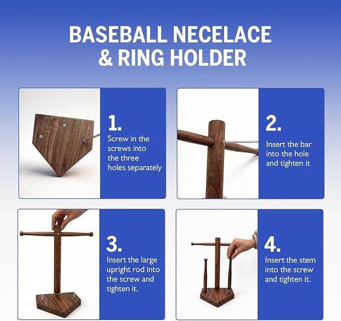 Walnut Baseball Ring Holder Wooden Baseball Softball Drip Necklace & Championship Ring Holder, Softball Jewelry Organizer Display, Solid Wood Baseball Necklace Holder Gift - 3 Rods + 1