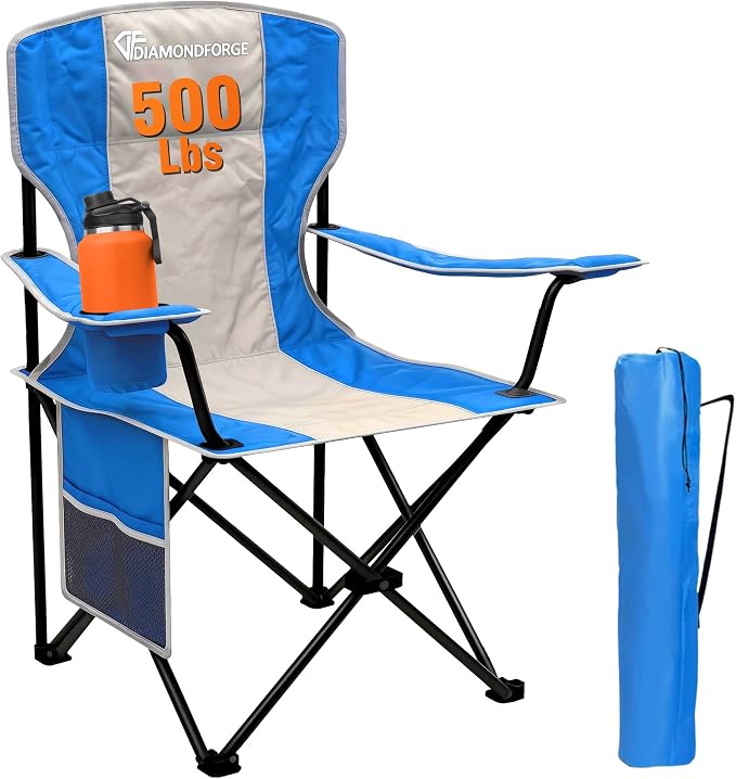 Oversized Camping Chair, 500 LBS High Back Lawn Chairs Folding (Gray Blue) | Outdoor Portable Heavy Duty Folding Camping Chair for Adults, with Cup Holder for Picnic, Lawn, Beach, Fishing and Sports