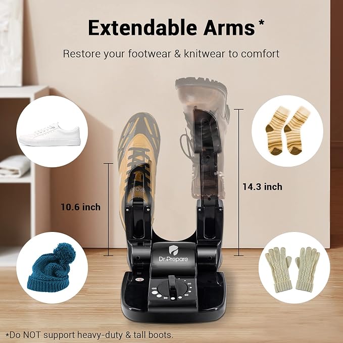 Dr. Prepare Boot Dryer Shoe Dryer, Glove Dryer & Boot Warmer with Heat Blower, Portable Adjustable Rack and Timer, Folding Design & Quick Drying for Shoes, Gloves, Hats, Socks, Ski Boots