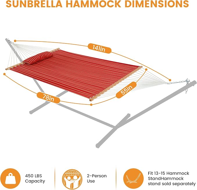 Lazy Daze Hammocks 12 FT Sunbrella Fabric Hammock Non-Fading with Spreader Bars and Free Pillow Fits for 2 Persons, All Weather and Fade Resistant for Patio Yard, 450 lbs Capacity, Harwood Crimson