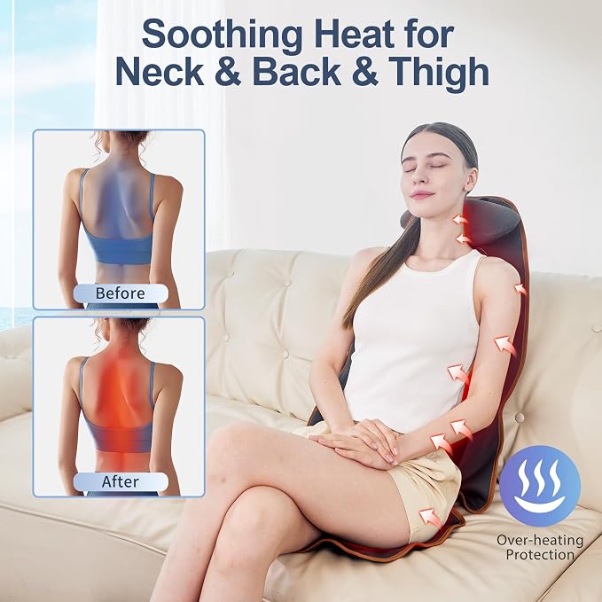 SLOTHMORE Massage Seat Cushion, Vibration Back Massager with Heat, Massage Chair Pad with Adjustable Neck Pillow, Neck/Back/Hip Heating, 8 Vibration Motors, Father Day Gifts