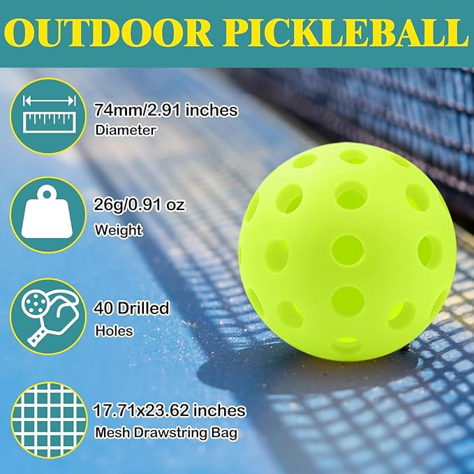 SAYAYA 24/50 Pack Outdoor Pickleball Balls Premium High Visibility Pickleballs Stable Flight & Consistent Bounce 40 Holes Pickle Balls with Mesh Bag for Beginners, Tournaments, Family & Outdoor Play