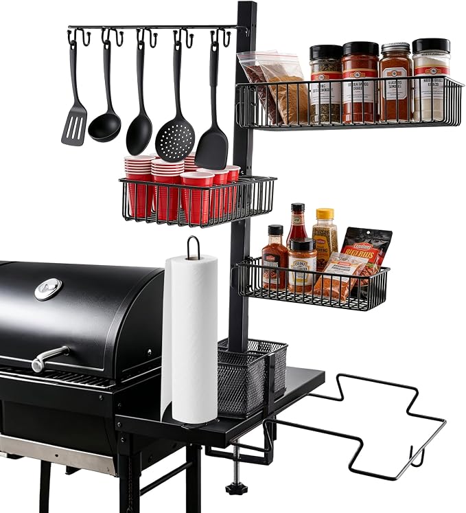 Griddle Caddy for Blackstone, 8-in-1 Outdoor Grill Organizer | Cup Holder, 2 Condiment Baskets, Garbage Bag & Paper Towel Holders, Hook Shelf & Pedestal Poles, For Camping BBQ RV Patio