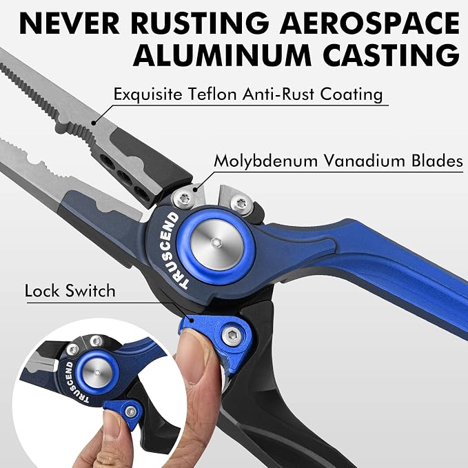 TRUSCEND Easy Use Lockable Fishing Pliers with Tungsten Carbide Cutter, Innovative Ergonomic Handy Handle, Saltwater Corrosion Resistant Teflon Coated Fishing Tool, Light Multi-Function Fishing Gear