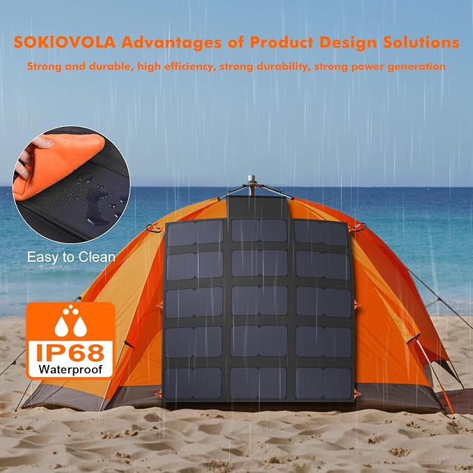 SOKIOVOLA 100W Portable Foldable Solar Panel 20V Portable Solar Charger with QC3.0 USB-A & Type-C Output IP68 Waterproof for Cell Phones Camera Outdoor Camping RV Hiking Travel Small Power Station