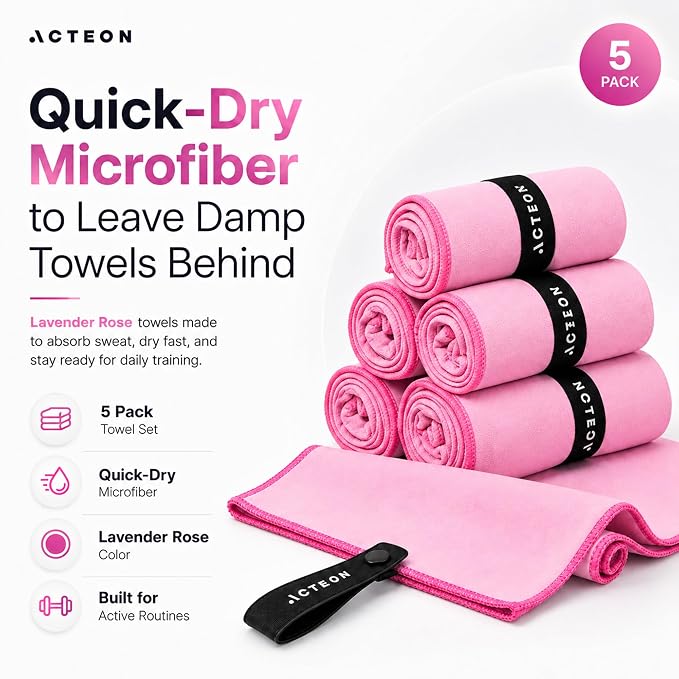 Acteon Microfiber Gym Towels 5 Pack Quick Dry, Silver ION Odor-Free, Super Absorbent Sweat Towels for Women, Workout, Yoga, Pilates, Tennis, Running, Swimming, Travel 16x30.5 Inch (Lavender Rose)