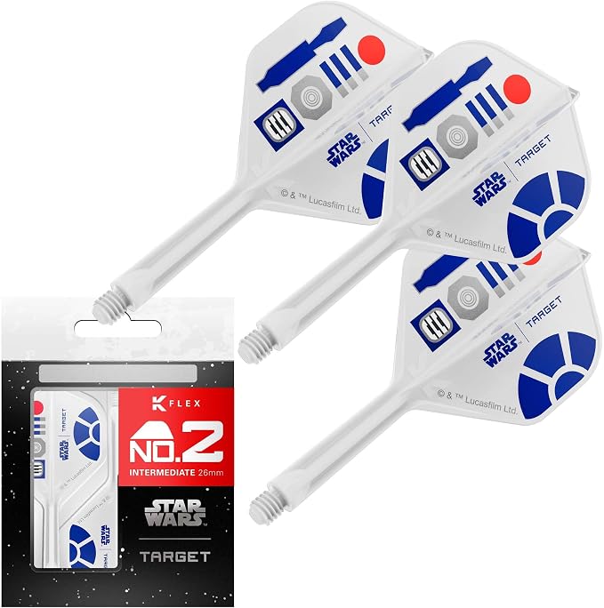 Target Darts Star Wars R2-D2 K Flex Integrated Dart Flights & Shafts | R2D2 Pack of 3 K-Flex, No.2 & No.6 | Short, Intermediate & Medium Disney Kflex Accessories